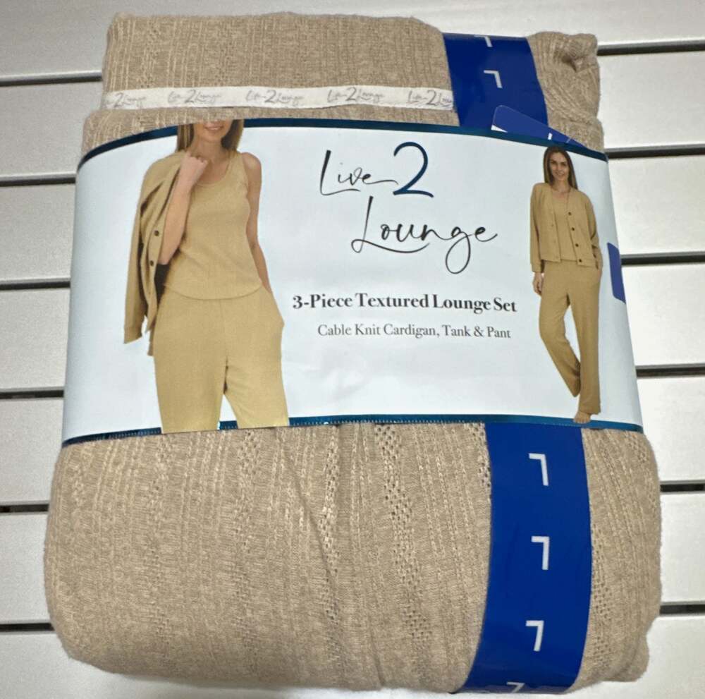 Live 2 Lounge Textured Knit 3-Piece Lounge Set Cardigan Tank Pants Beige L